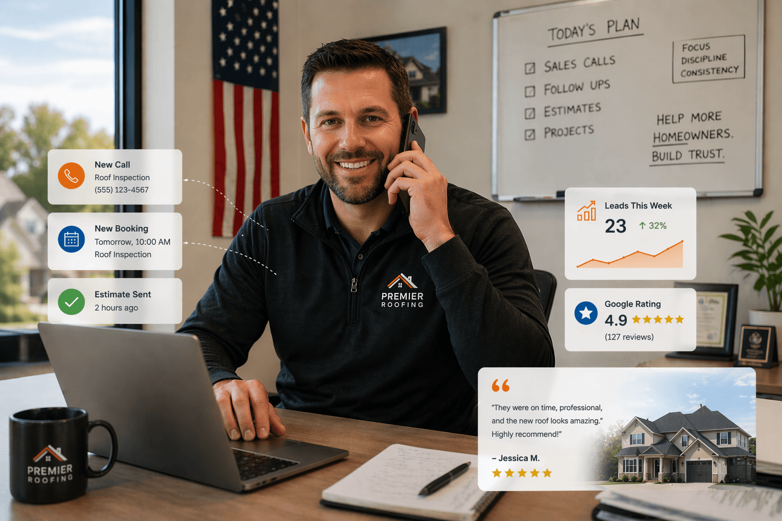 Roofing business owner smiling on a call with lead, booking, rating, and testimonial highlights