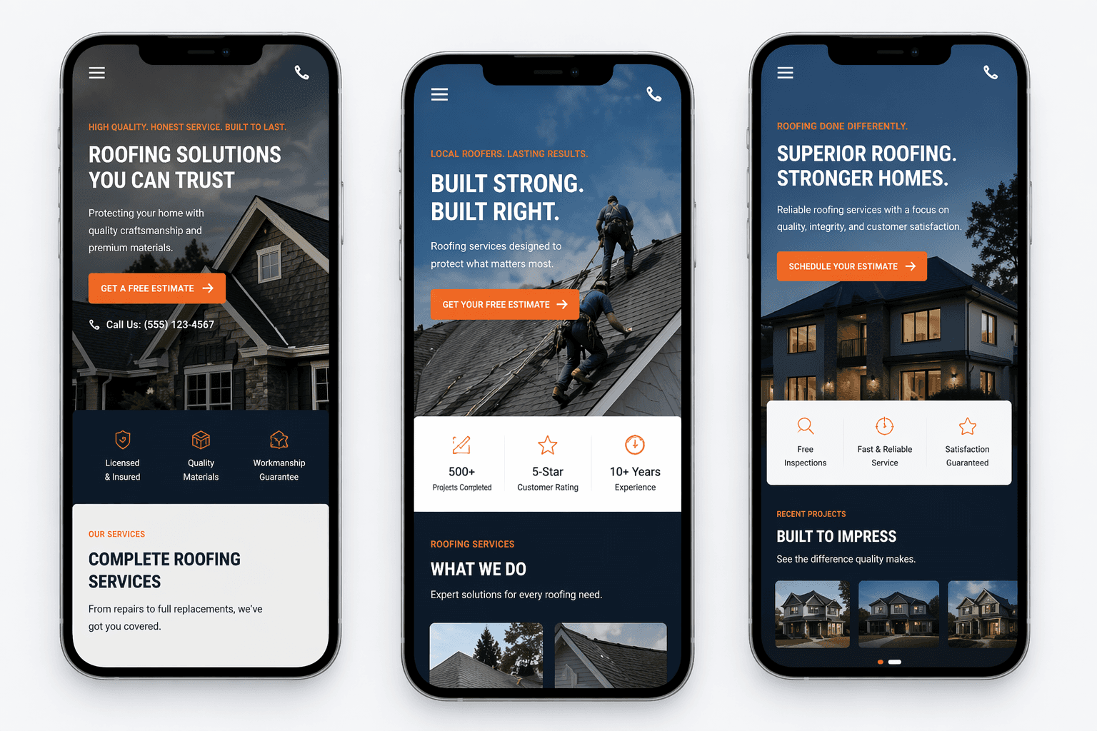 Three sample mobile roofing website designs